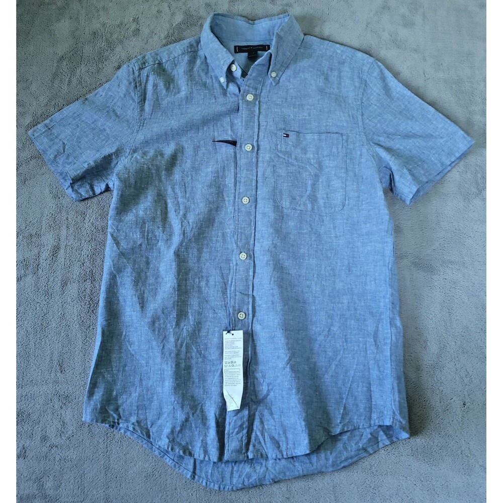 Tommy Hilfiger Button Down Shirt Mens Blue Small Short Sleeve Linen Cotton NEW